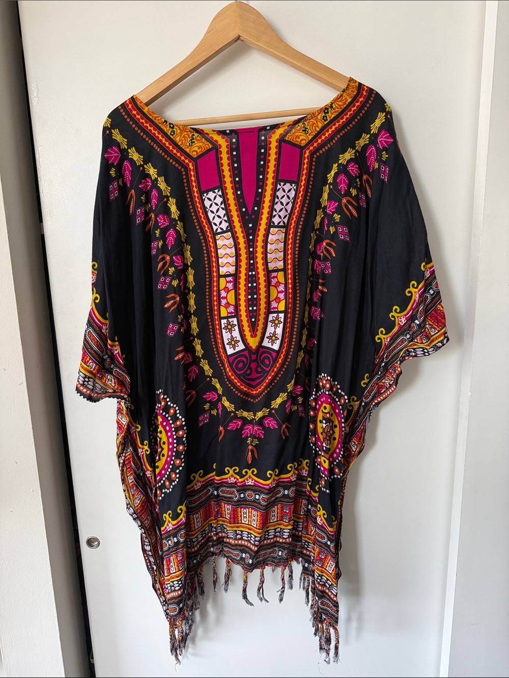 Boho Black Dashiki Tunic with Pink & Yellow Print - Picture 3 of 4